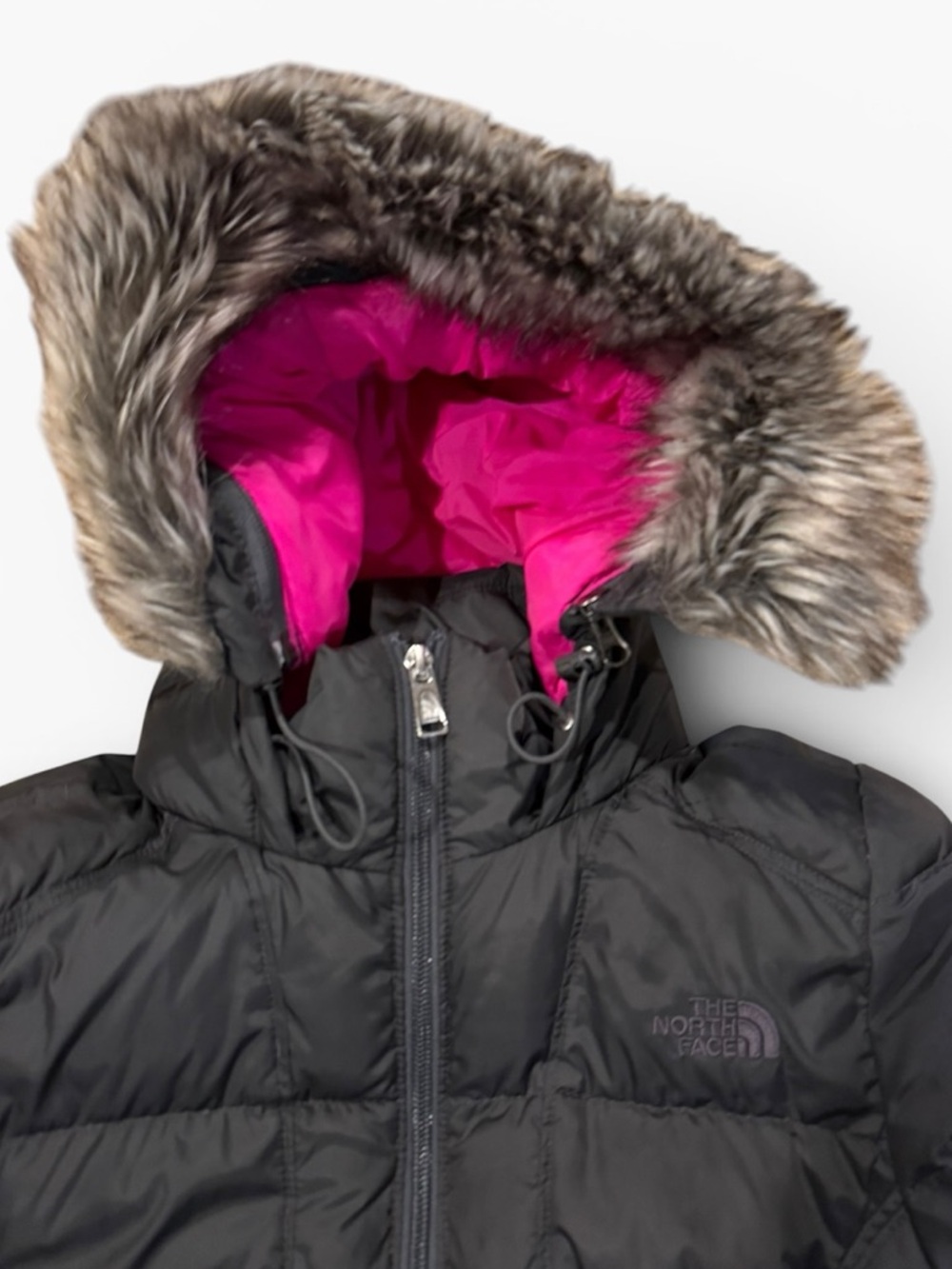 The North Face Women's Gray Puffer Jacket 550 Pink Lining and Faux Fur Hood - S - Picture 7 of 12